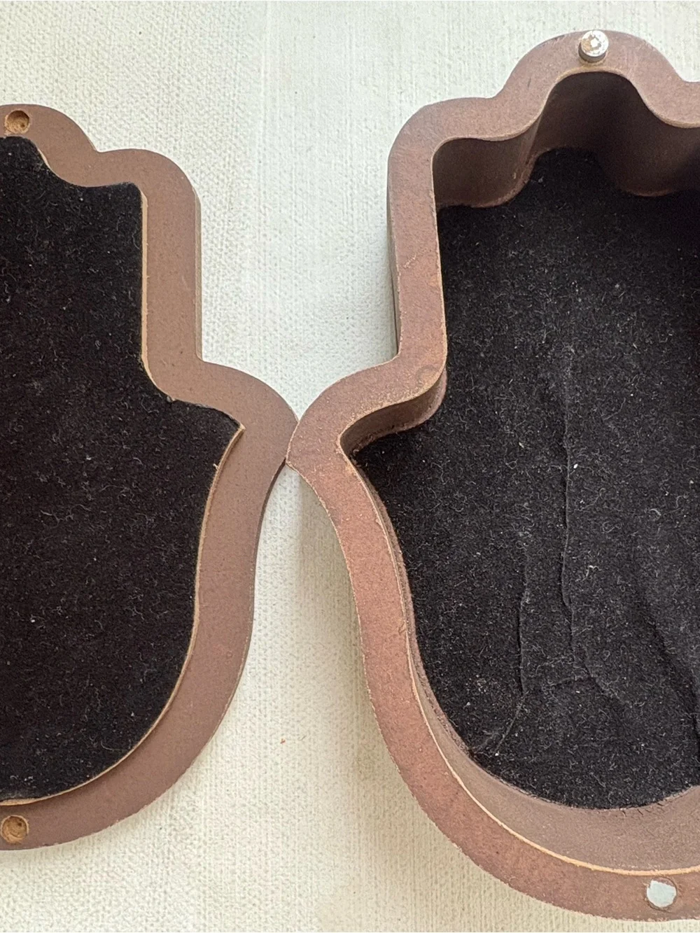 Carved Wooden Hamsa Hand jewelry box in Natural and Dark Brown